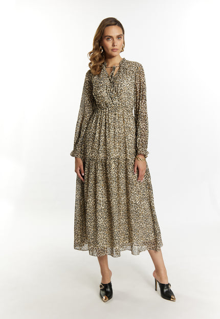 faina Damen Maxi Kleid mit Leopardenmuster