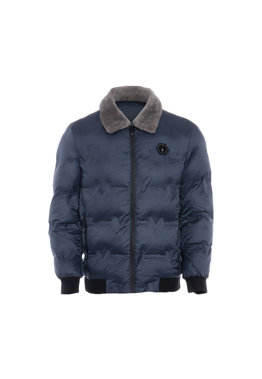 MOZZAAR Men's Quilted Jacket With Faux Fur Collar